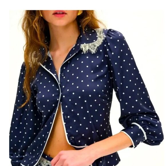 NEW FOR LOVE AND LEMONS INES BLUE BUTTON DOWN POLKA DOT TOP SIZE XS - Picture 1 of 11